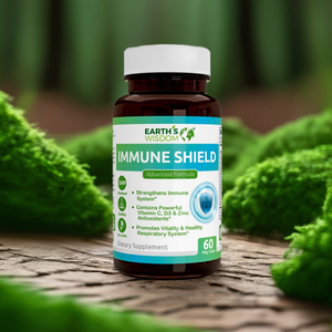 bottle of immune shield supplement in a nature setting