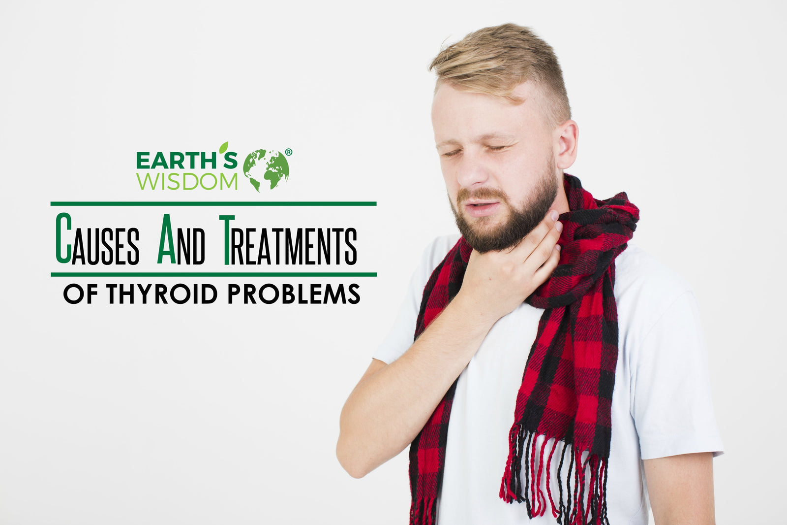 man holding sore throat having a cold thyroid