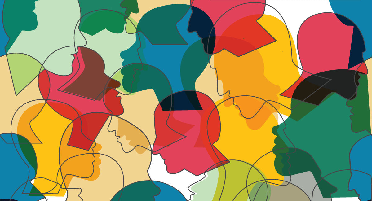 head outlines with different colors suggesting mental illness