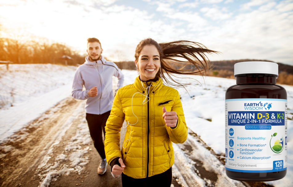 woman and man running with earths wisdom vitamin d3 and k2 bottle